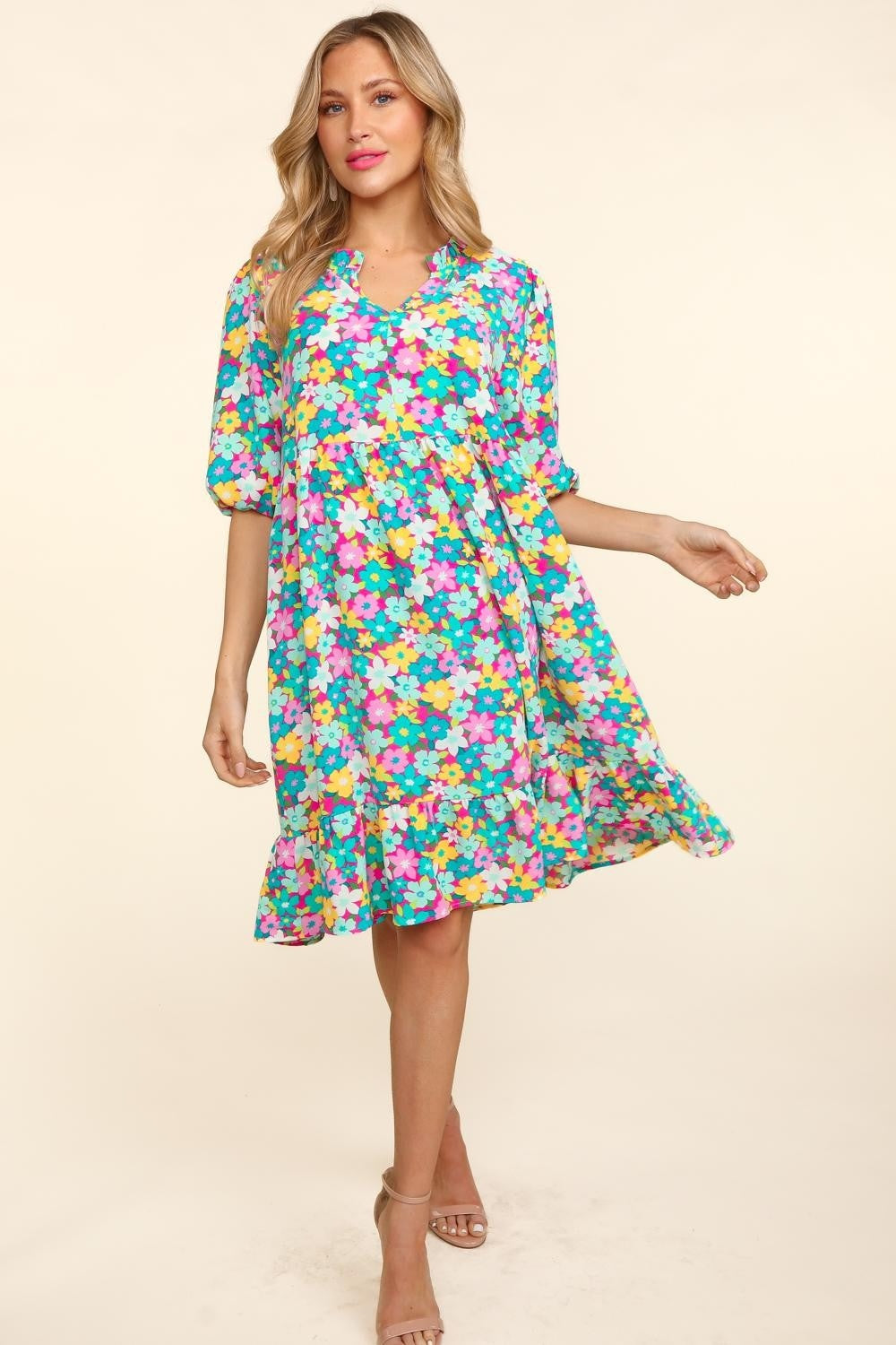 Haptics Bubble Sleeve Floral Ruffled Dress - Stormyjay