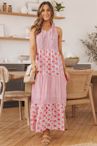 Pink Abstract Print Patchwork Sleeveless V Neck Tiered Dress - Stormyjay