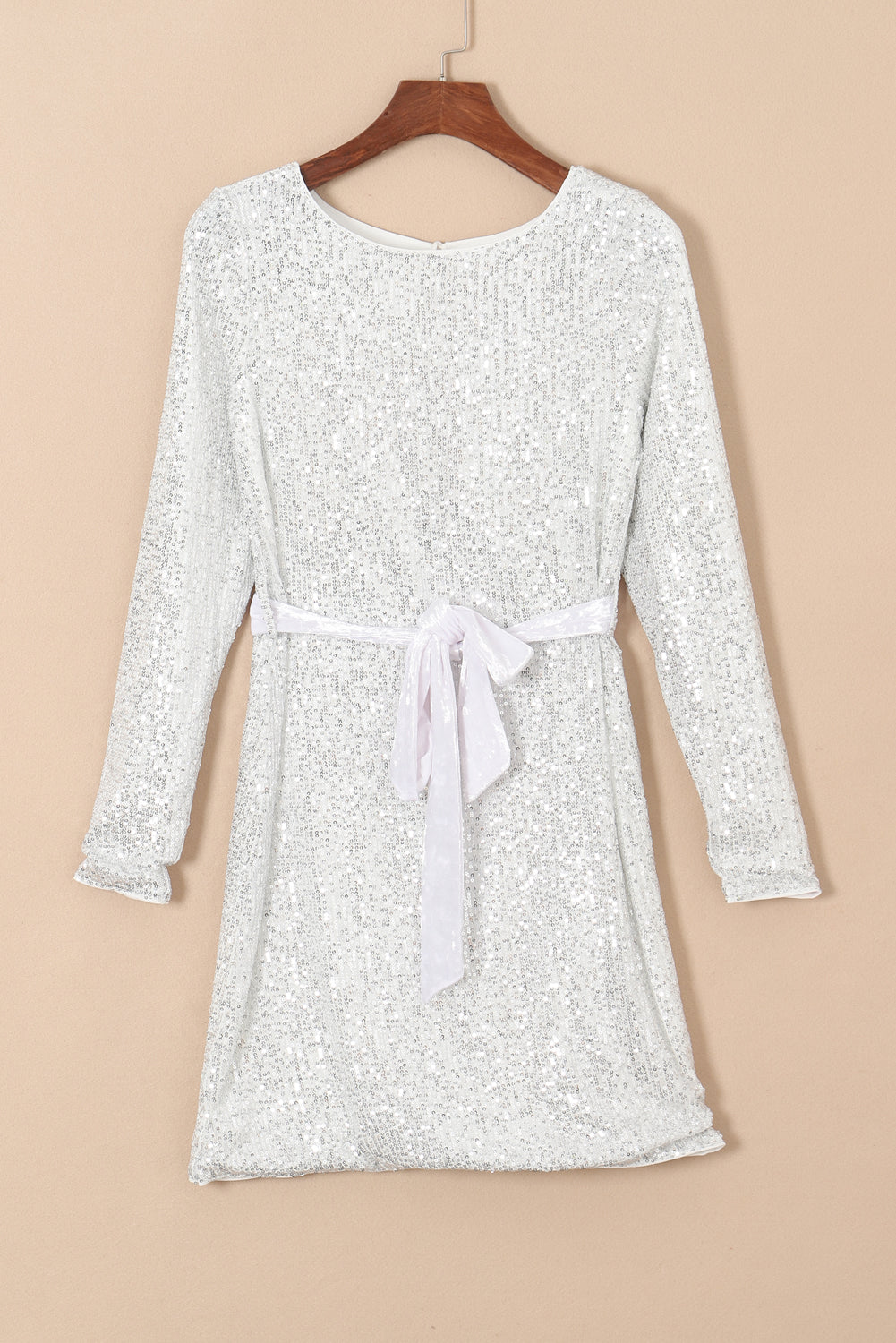 Silvery Sequin Long Sleeve Tie Waist Mini Dress - Stormyjay