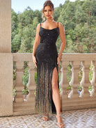 Backless Slit Sequin Spaghetti Strap Dress - Stormyjay