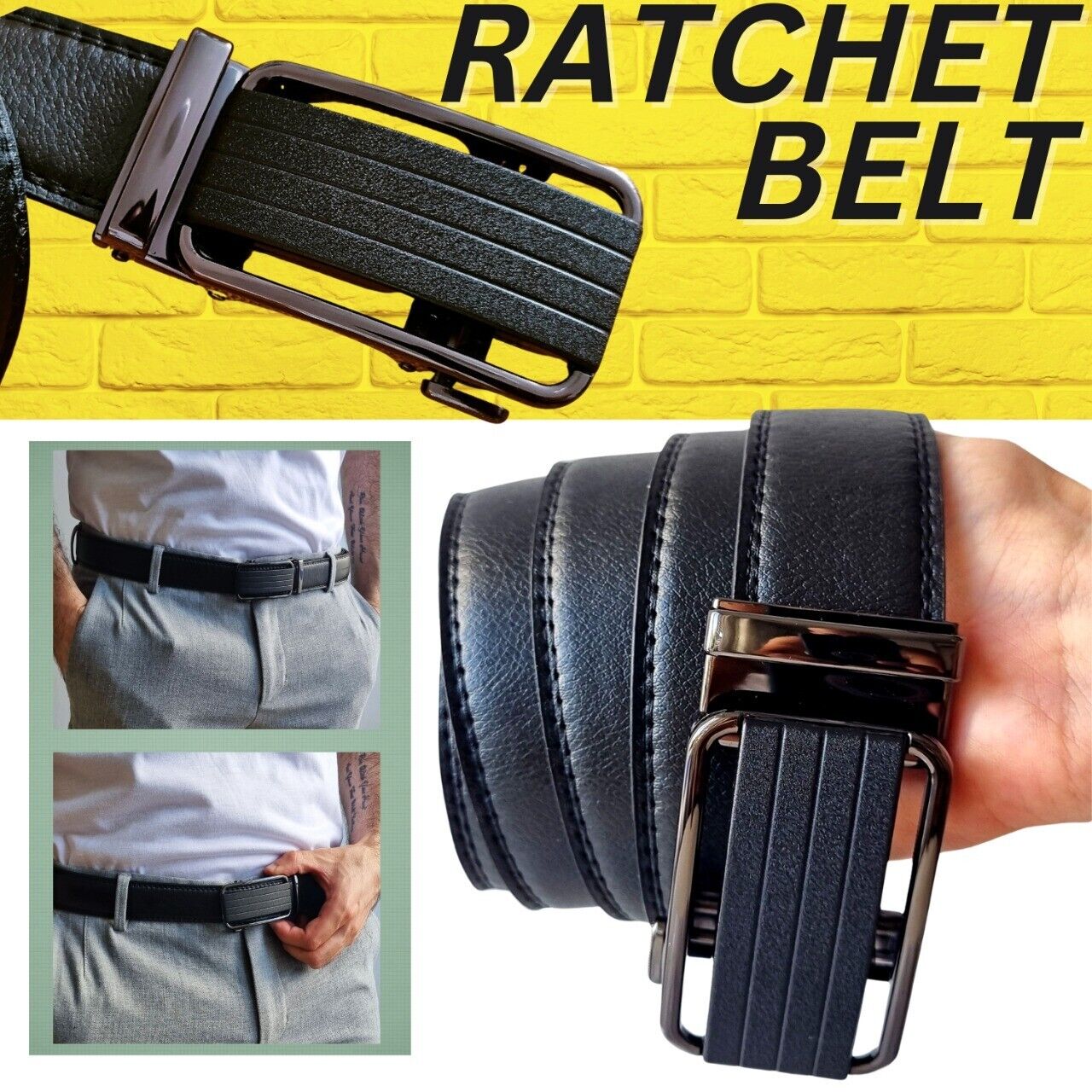 Microfiber Leather Mens Ratchet Belt Belts For Men Adjustable Size, Slide Buckle - Stormyjay