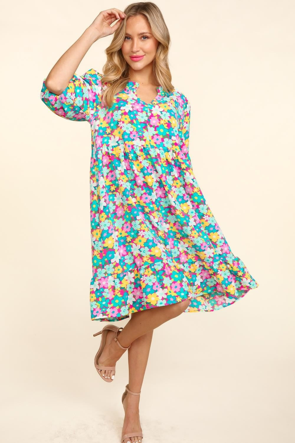 Haptics Bubble Sleeve Floral Ruffled Dress - Stormyjay