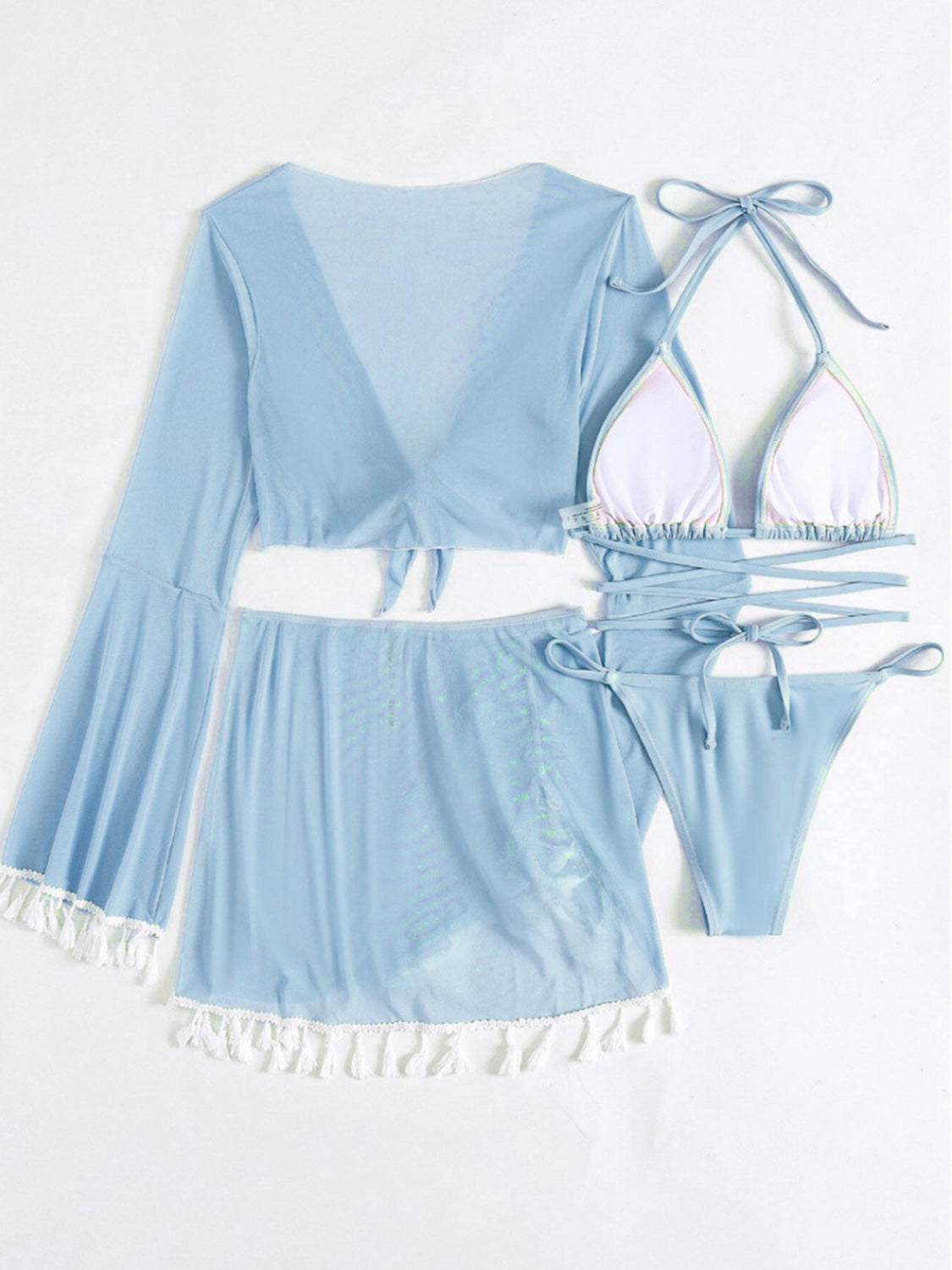 Halter Neck Bra, Bottom, Tassel Flare Sleeve Cover-Up and Skirt Four-Piece Swim Set - Stormyjay