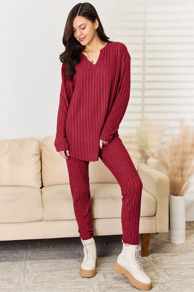 Basic Bae Full Size Notched Long Sleeve Top and Pants Set