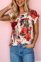 Red Floral Print Short Sleeve Blouse for Women - Stormyjay