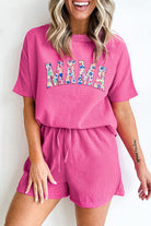 Rose Red Waffle MAMA Graphic Tee & Drawstring Shorts Set - Stormyjay