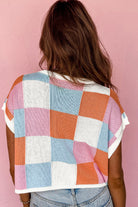 Grapefruit Orange Checkered Color Block Cap Sleeve Knitted Top - Stormyjay