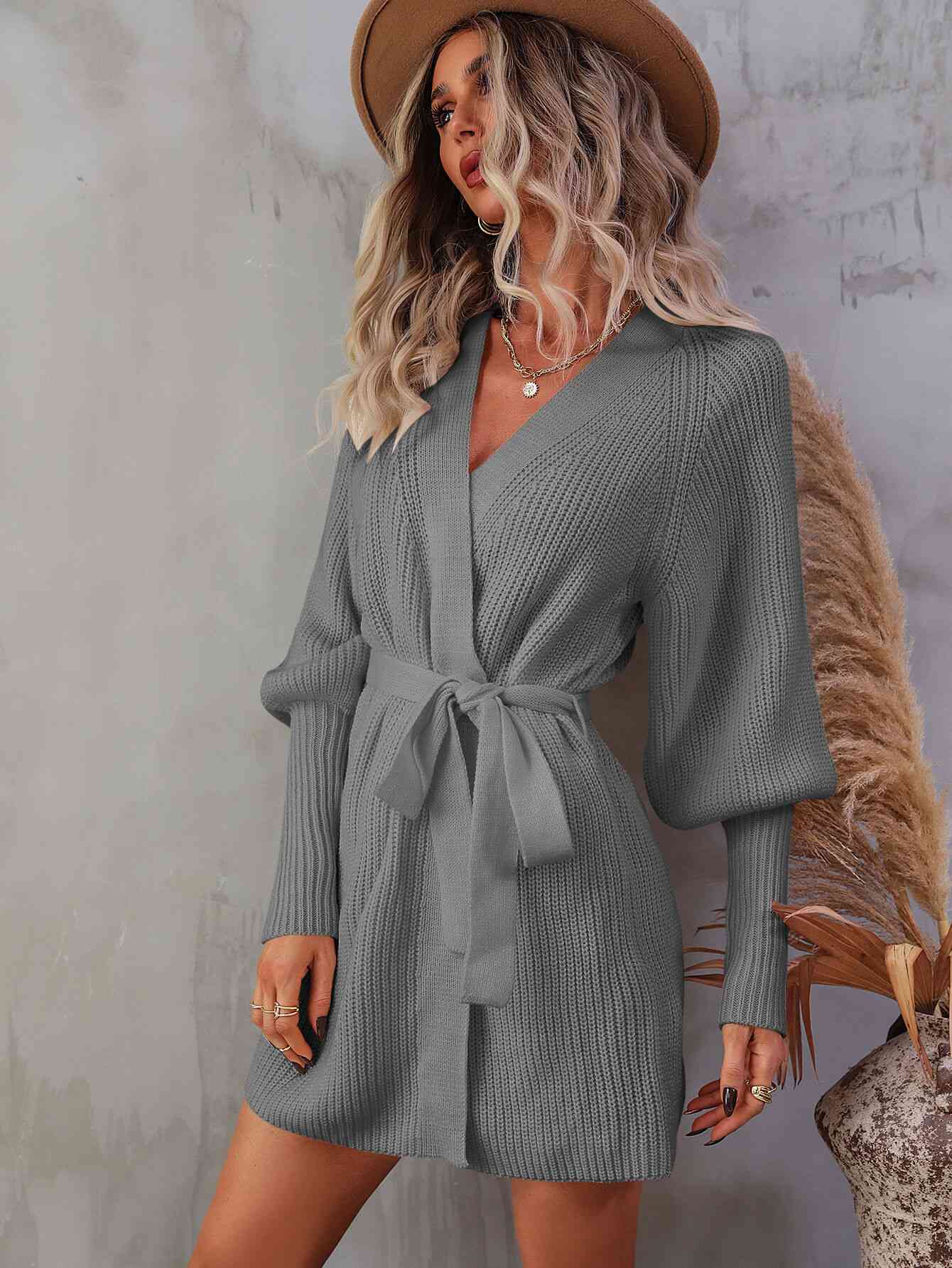 Belted Surplice Lantern Sleeve Wrap Sweater Dress - Stormyjay