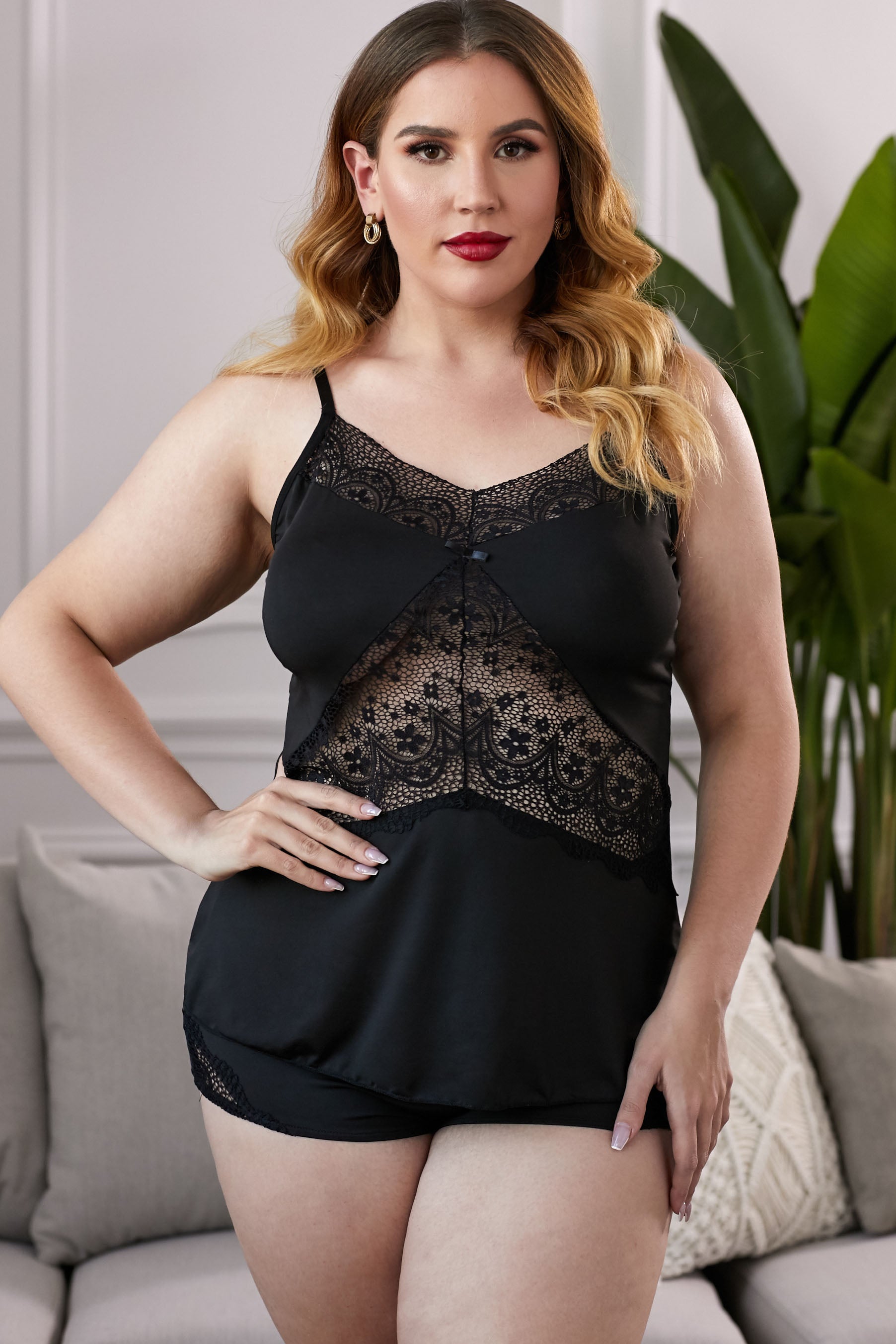 Lace Insert Plus Size Pajamas Set - Stormyjay