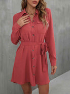 Button Down Belted Long Sleeve Shirt Dress - Stormyjay