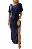 Blue Keyhole Back Tie Waist Slit Evening Dress - Stormyjay