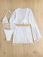 Halter Neck Bra, Bottom, Tassel Flare Sleeve Cover-Up and Skirt Four-Piece Swim Set - Stormyjay