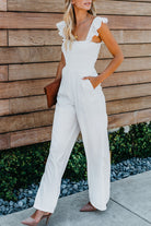 Apricot Smocked Ruffle Strap Pocket Wide Leg Jumpsuit - Stormyjay