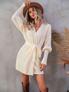 Belted Surplice Lantern Sleeve Wrap Sweater Dress - Stormyjay