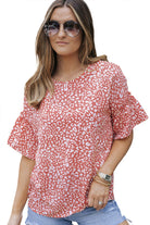 Pink Leopard Print Casual Flounce Sleeve Blouse for Women - Stormyjay