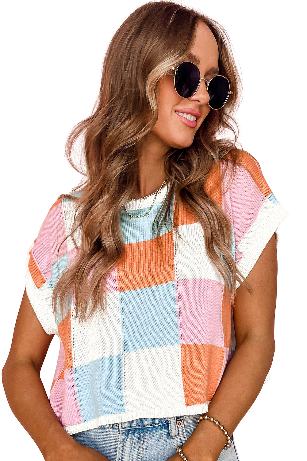 Grapefruit Orange Checkered Color Block Cap Sleeve Knitted Top - Stormyjay