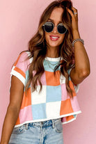 Grapefruit Orange Checkered Color Block Cap Sleeve Knitted Top - Stormyjay