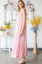 Pink Abstract Print Patchwork Sleeveless V Neck Tiered Dress - Stormyjay