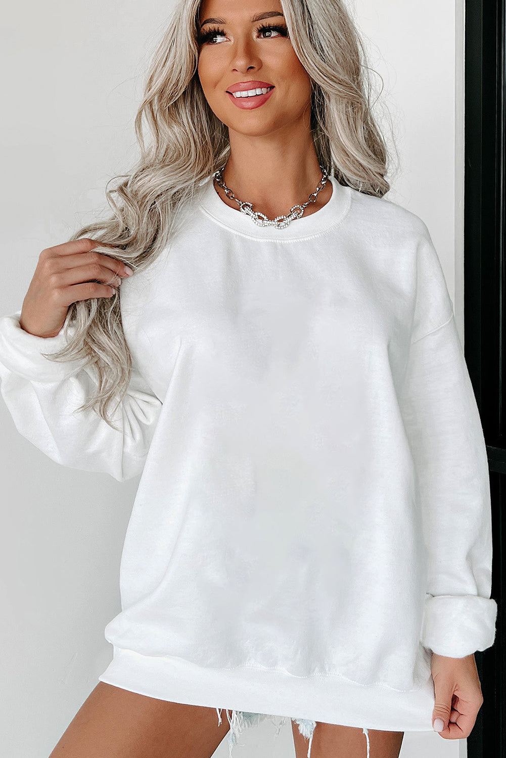 Parchment Solid Fleece Loose Crew Neck Sweatshirt - Stormyjay