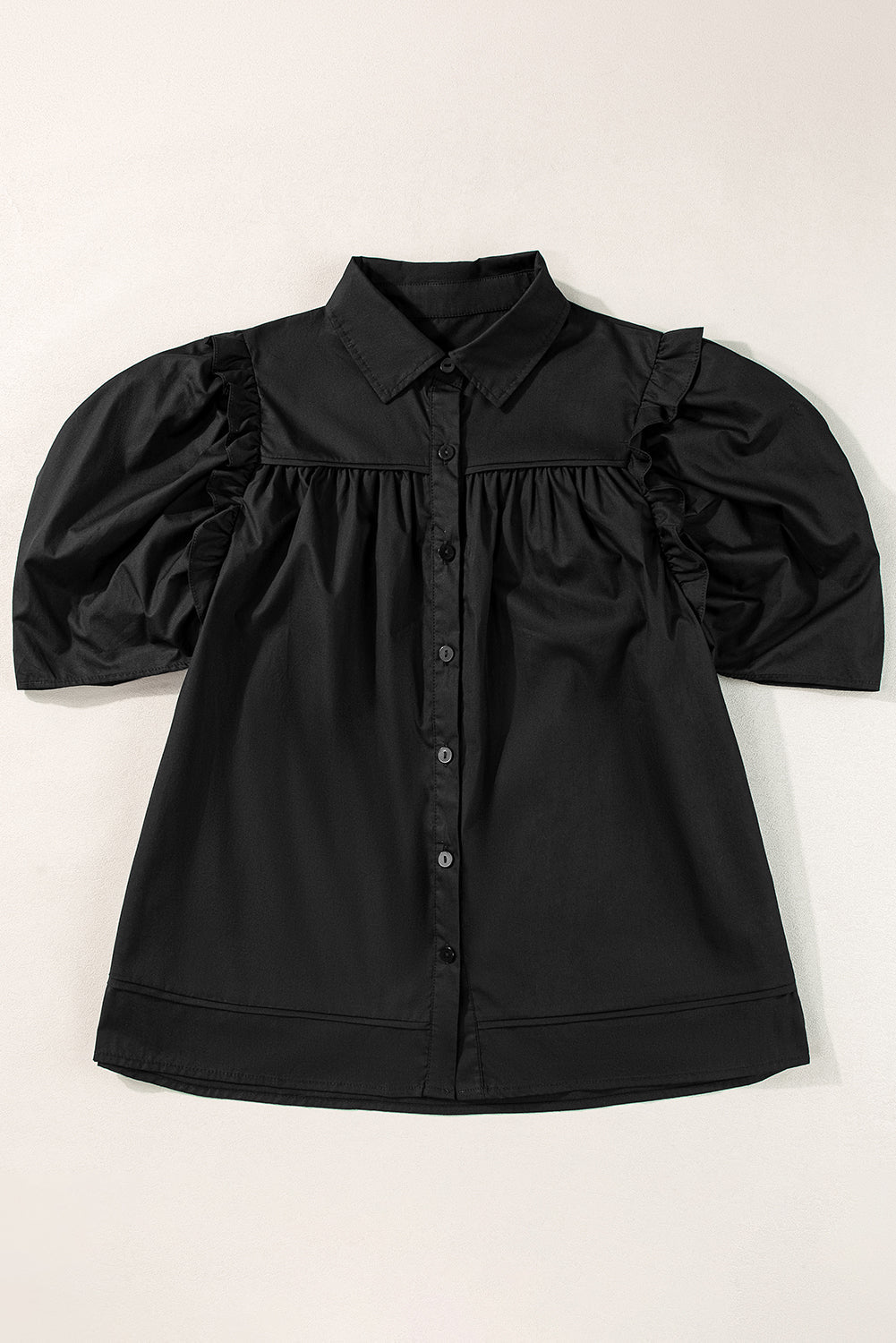 Black Ruched Puff Sleeve Loose Buttoned Up Blouse - Stormyjay