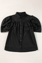 Black Ruched Puff Sleeve Loose Buttoned Up Blouse - Stormyjay