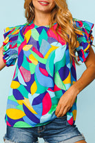 Multicolor Abstract Print Ruffle Sleeve Casual Blouse for Women - Stormyjay