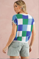 Grapefruit Orange Checkered Color Block Cap Sleeve Knitted Top - Stormyjay