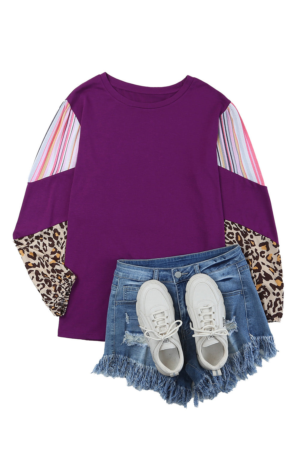 Purple Color Block Leopard Striped Sleeve Plus Size Top - Stormyjay