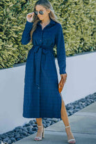 Button Front Textured Slit Shirt Dress with Belt - Stormyjay