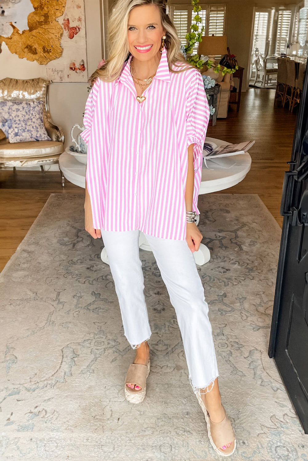 Pink Stripe Button Up Dolman Shirt - Stormyjay