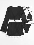 Halter Neck Bra, Bottom, Tassel Flare Sleeve Cover-Up and Skirt Four-Piece Swim Set - Stormyjay