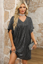 Dark Grey Sequin V Neck Dolman Sleeve Shift Dress - Stormyjay