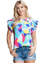 Multicolor Abstract Print Ruffle Sleeve Casual Blouse for Women - Stormyjay