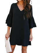 Women's Dress V-Neck Bell Layered Flounce Sleeve Solid Loose Fitting Mini Dress 
 HY847AFXCU - Stormyjay