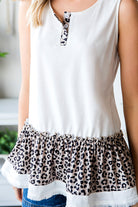 White and Cheetah Print Sleeveless Button Front Tank Top - Stormyjay