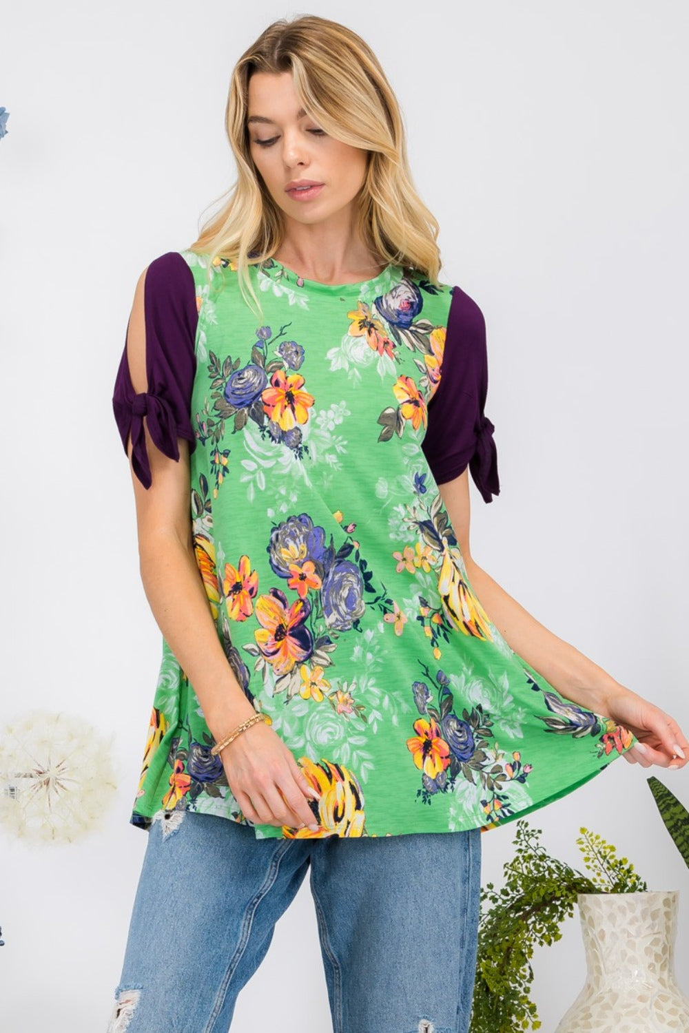 Celeste Full Size Open Tie Sleeve Round Neck Floral Blouse - Stormyjay