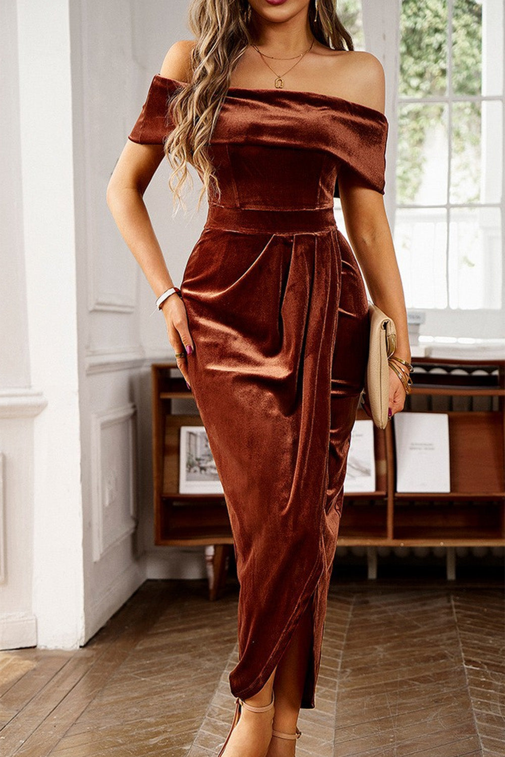 Chestnut Velvet Off Shoulder Pleated Wrap Evening Dress - Stormyjay