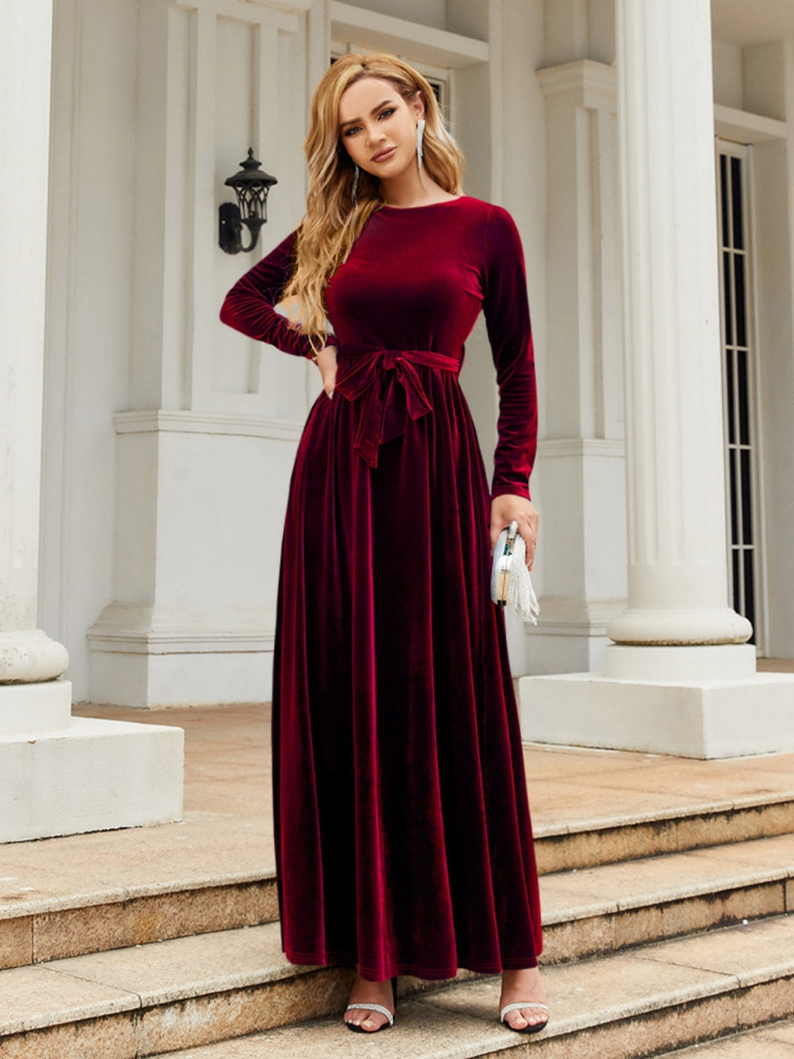 Tie Front Round Neck Long Sleeve Maxi Dress - Stormyjay