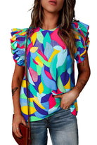 Multicolor Abstract Print Ruffle Sleeve Casual Blouse for Women - Stormyjay