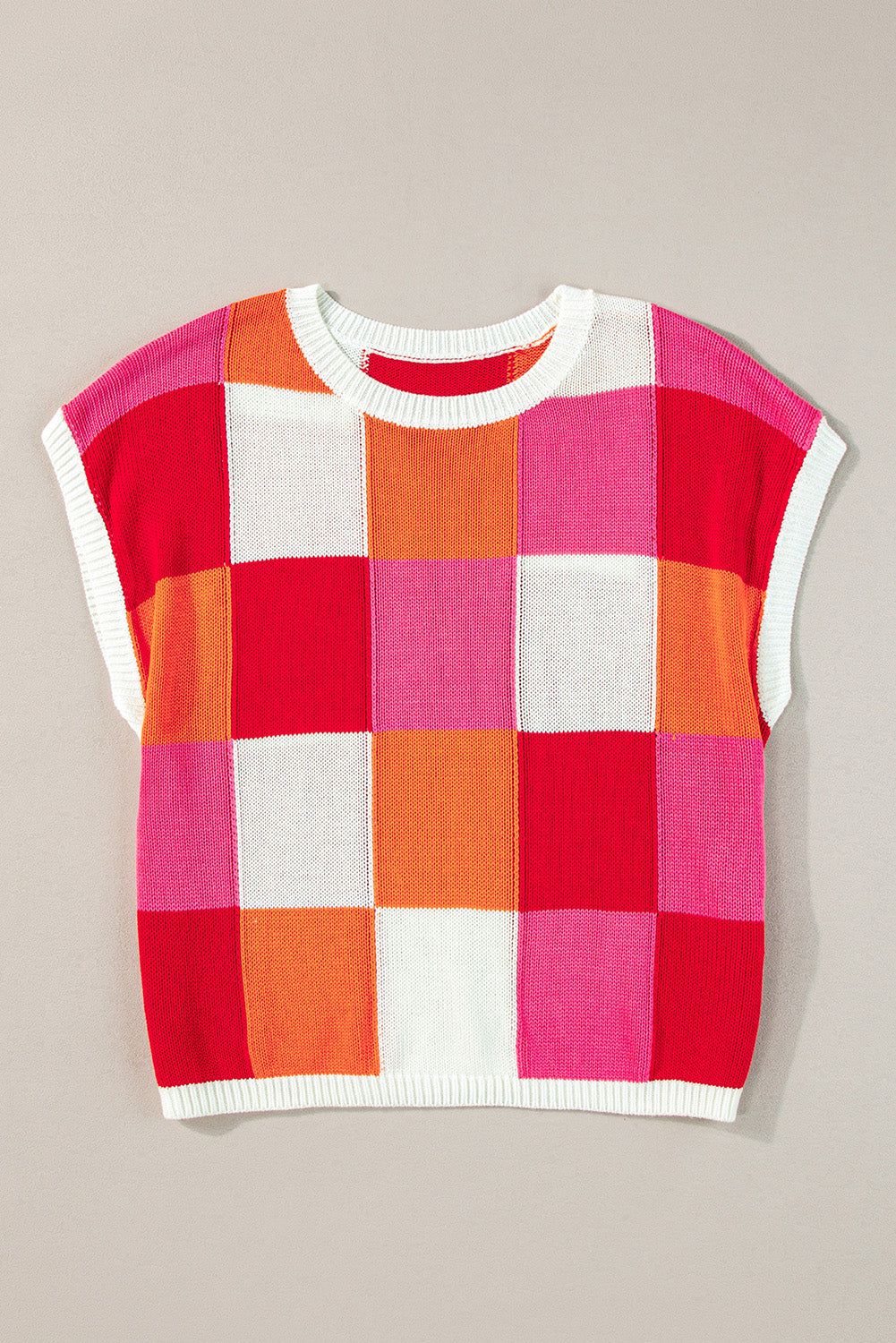 Grapefruit Orange Checkered Color Block Cap Sleeve Knitted Top - Stormyjay