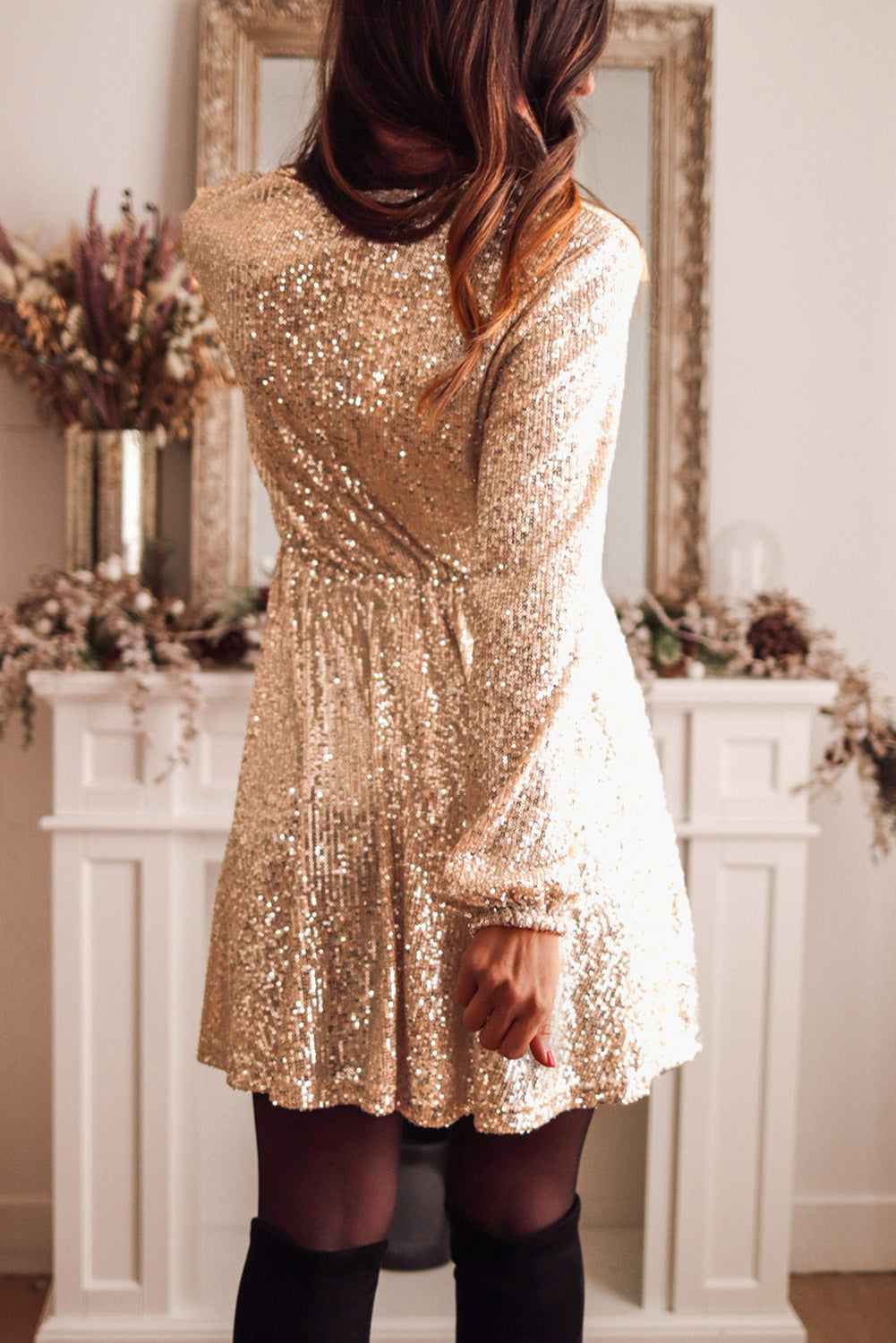 Apricot Wrapped V-neck Sequin Dress - Stormyjay