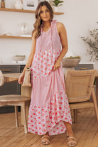 Pink Abstract Print Patchwork Sleeveless V Neck Tiered Dress - Stormyjay