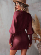 Belted Surplice Lantern Sleeve Wrap Sweater Dress - Stormyjay