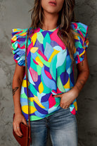 Multicolor Abstract Print Ruffle Sleeve Casual Blouse for Women - Stormyjay