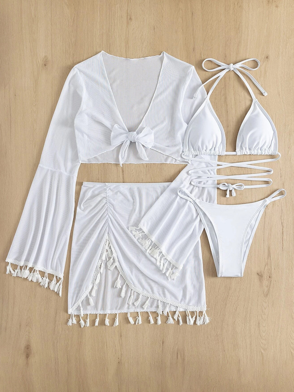 Halter Neck Bra, Bottom, Tassel Flare Sleeve Cover-Up and Skirt Four-Piece Swim Set - Stormyjay