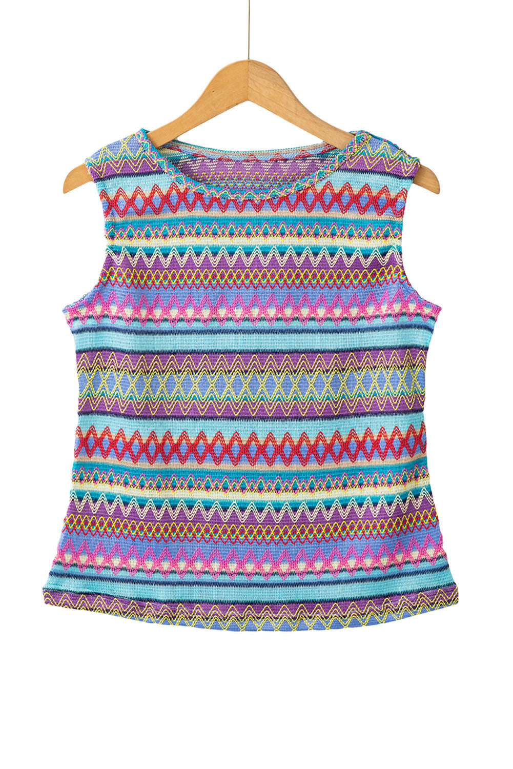 Yellow Ethnic Wavy Pattern Round Neck Sleeveless Top - Stormyjay