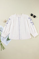 White Floral Embroidered Button Up Boho Blouse - Stormyjay