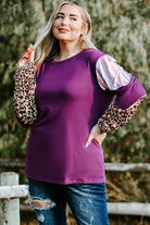 Purple Color Block Leopard Striped Sleeve Plus Size Top - Stormyjay