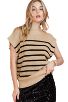 Parchment Striped Knit Mock Neck Short Sleeve Sweater - Stormyjay