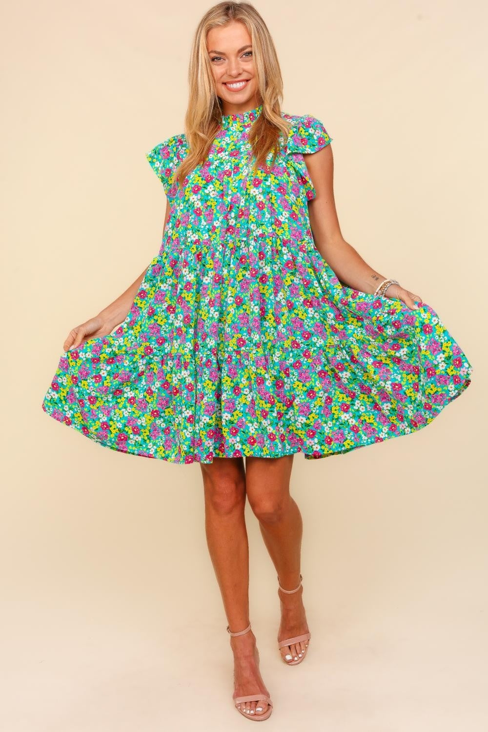 Haptics Frilled Mock Neck Ditsy Floral Dress - Stormyjay